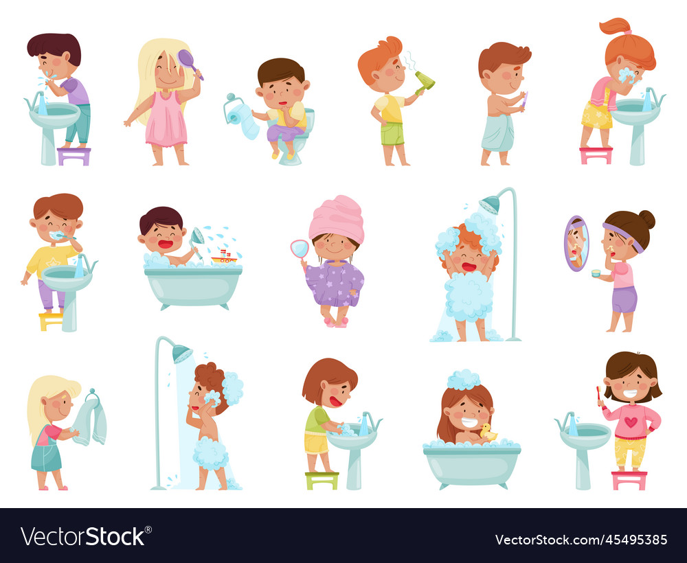 Little kids taking bath and washing body big Vector Image