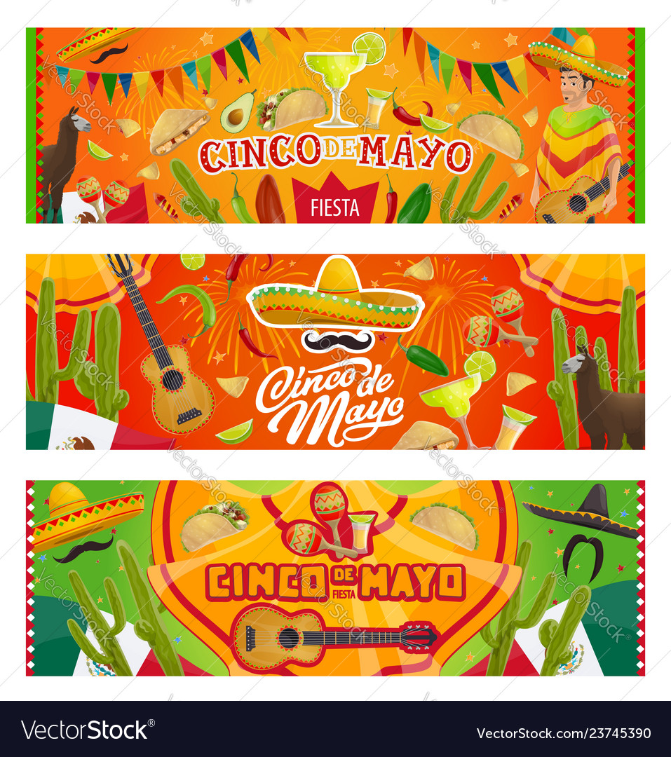 Cinco de mayo mexican sombrero guitar cactus Vector Image