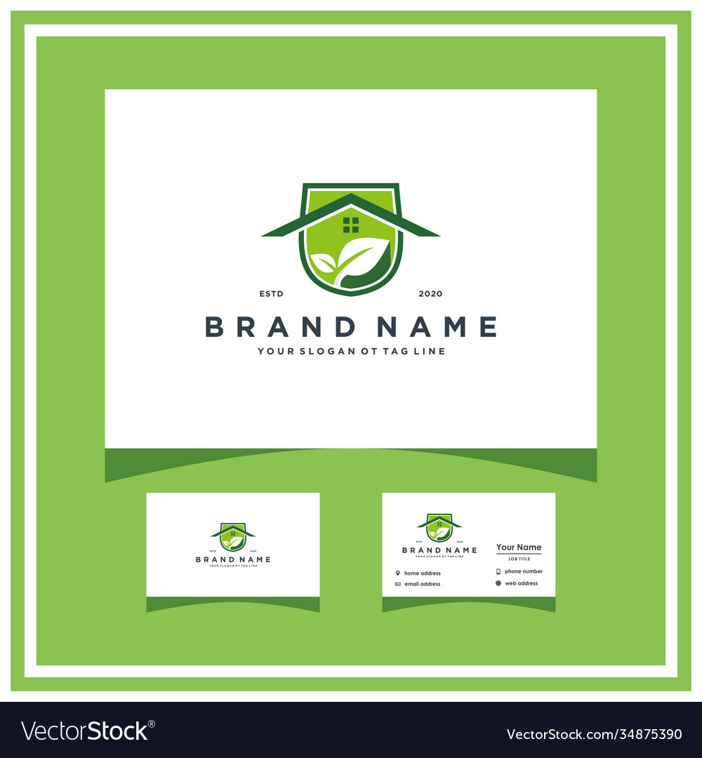 Home leaf shield logo design and business card Vector Image