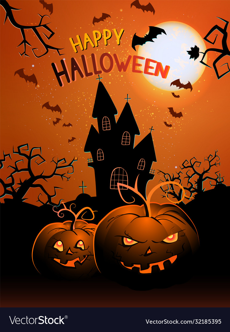 Halloween with pumpkins head castle and text Vector Image