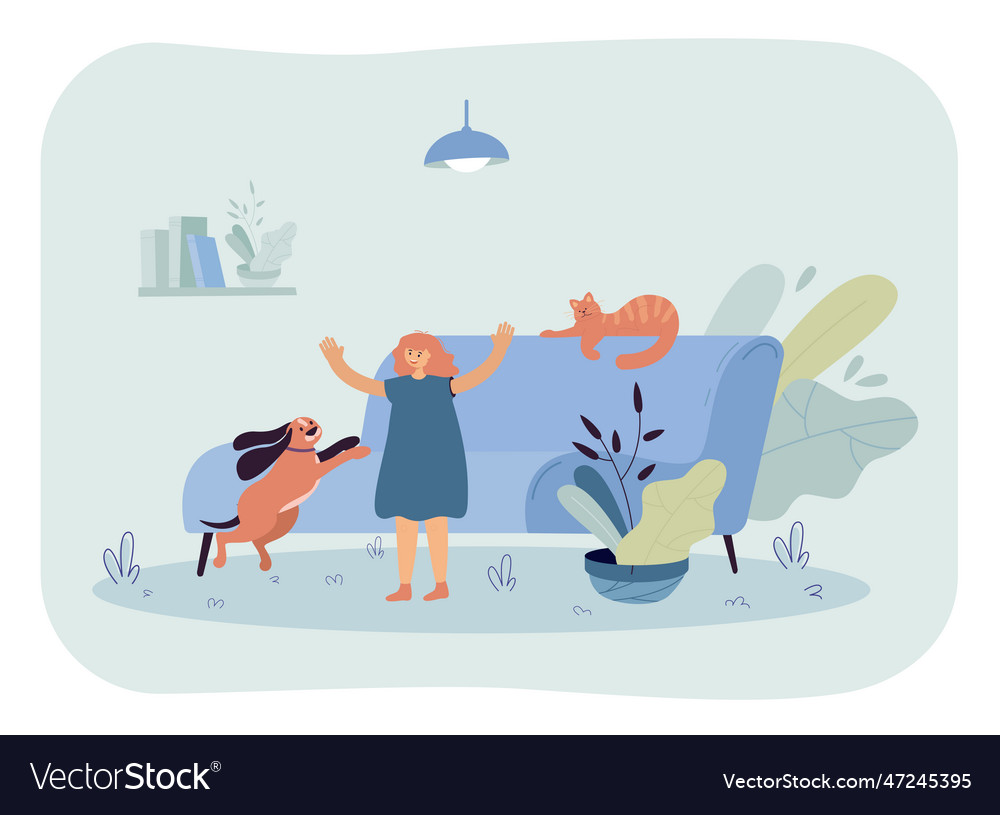 Little girl playing with pets at home Royalty Free Vector