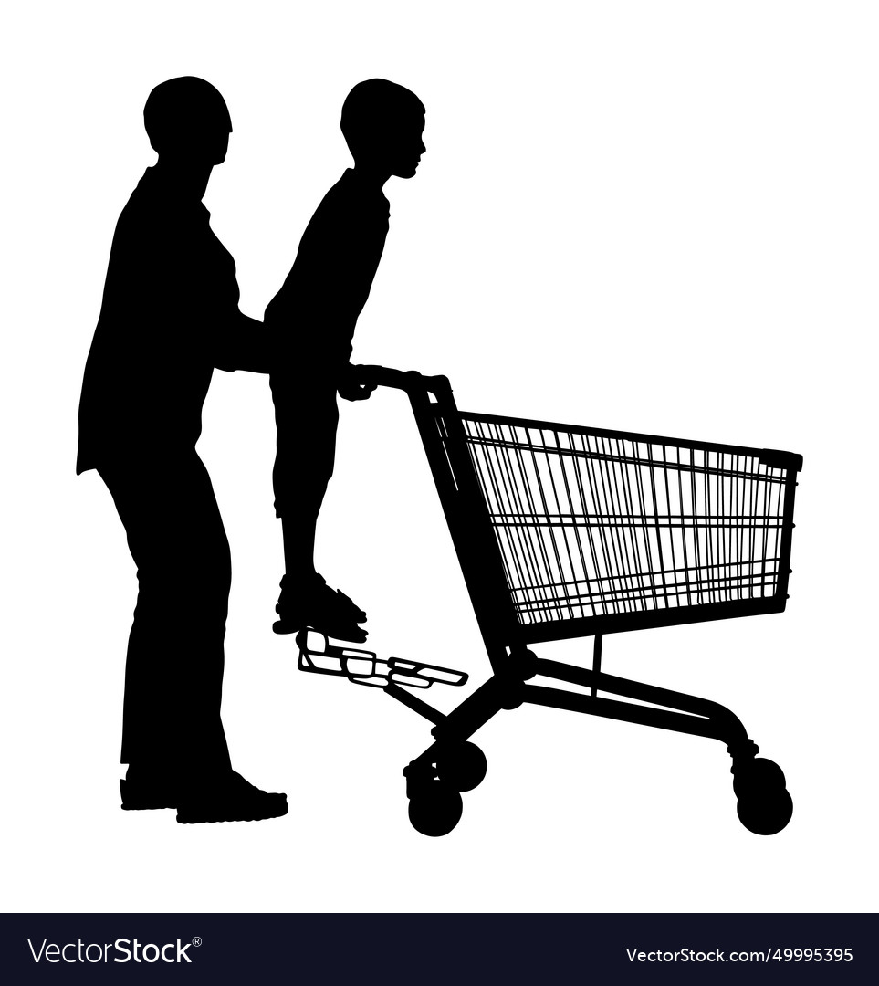 Mother and child boy shopping cart silhouette