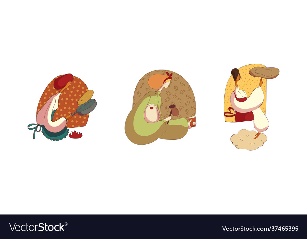 Woman in apron frying pancakes brewing coffee vector image Woman in apron frying pancakes brewing coffee