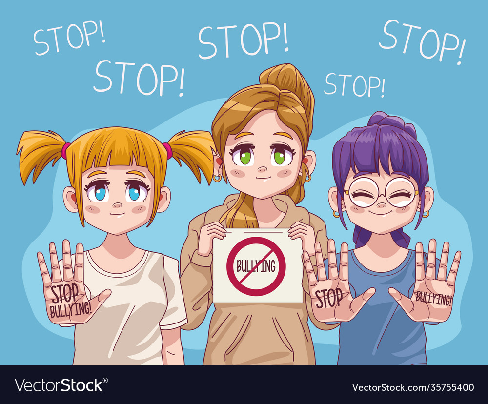 Cute Little Girls Group With Stop Bullying Comic Vector Image