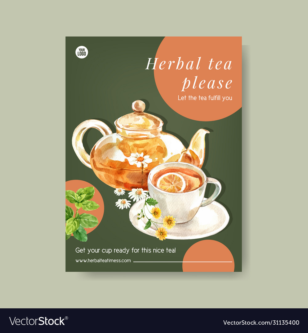 Herbal tea poster design with teacup mint tea pot Vector Image