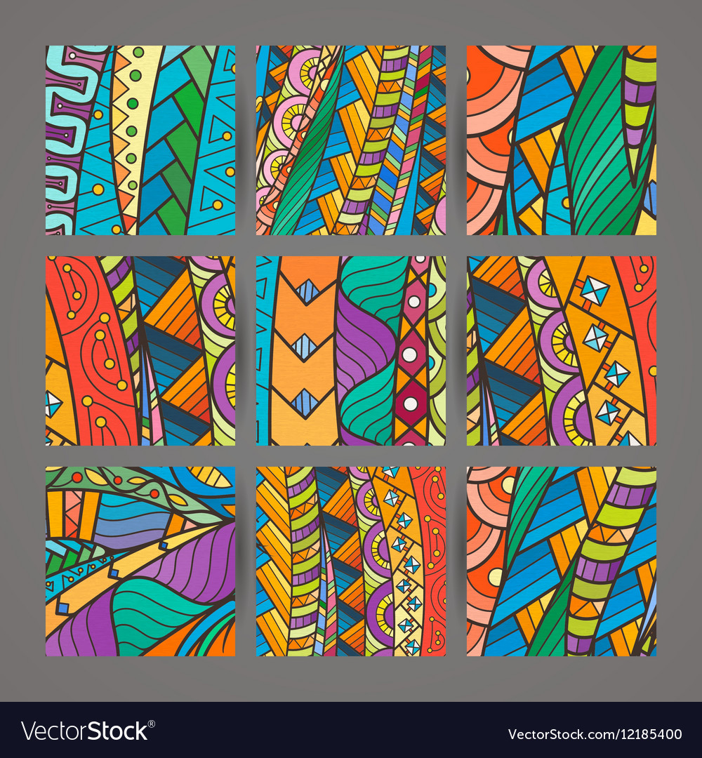 Set of four colorful intricate patterns doodle