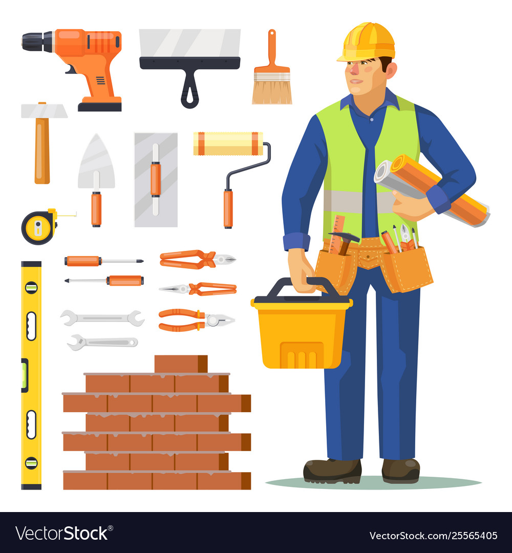 Builder Man And Icons For Building Construction Vector Image