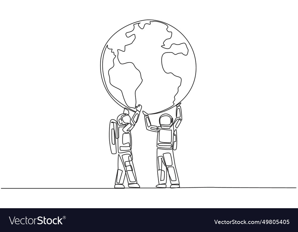 Single one line drawing two astronauts hold up