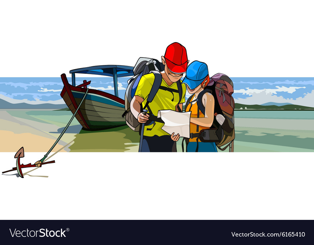 Couple of tourists near the boat on beach