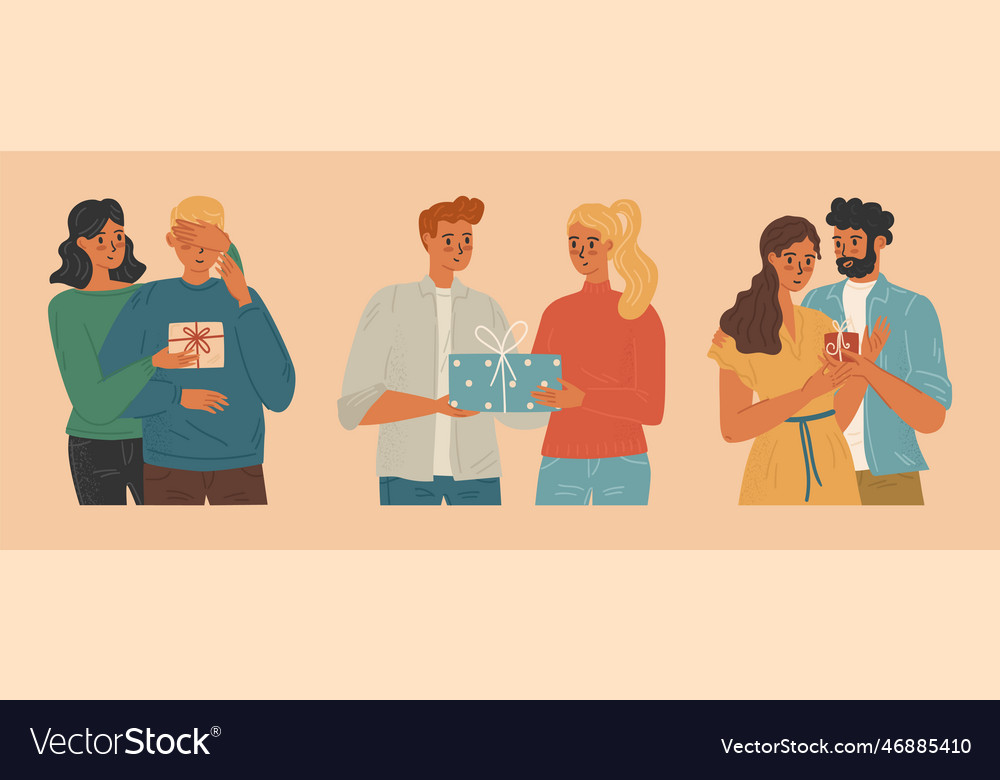 Happy people giving and receiving gifts vector image Happy people giving and receiving gifts