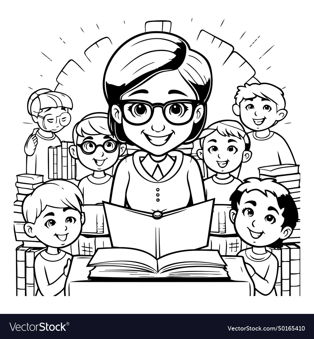 Teacher with students and books black white Vector Image