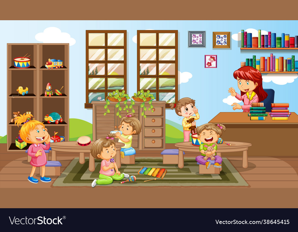 A teacher and children in kindergarten room scene Vector Image