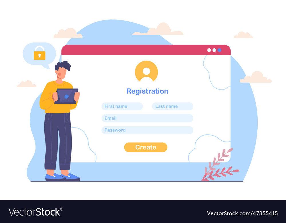 Man with website registration concept vector image Man with website registration concept