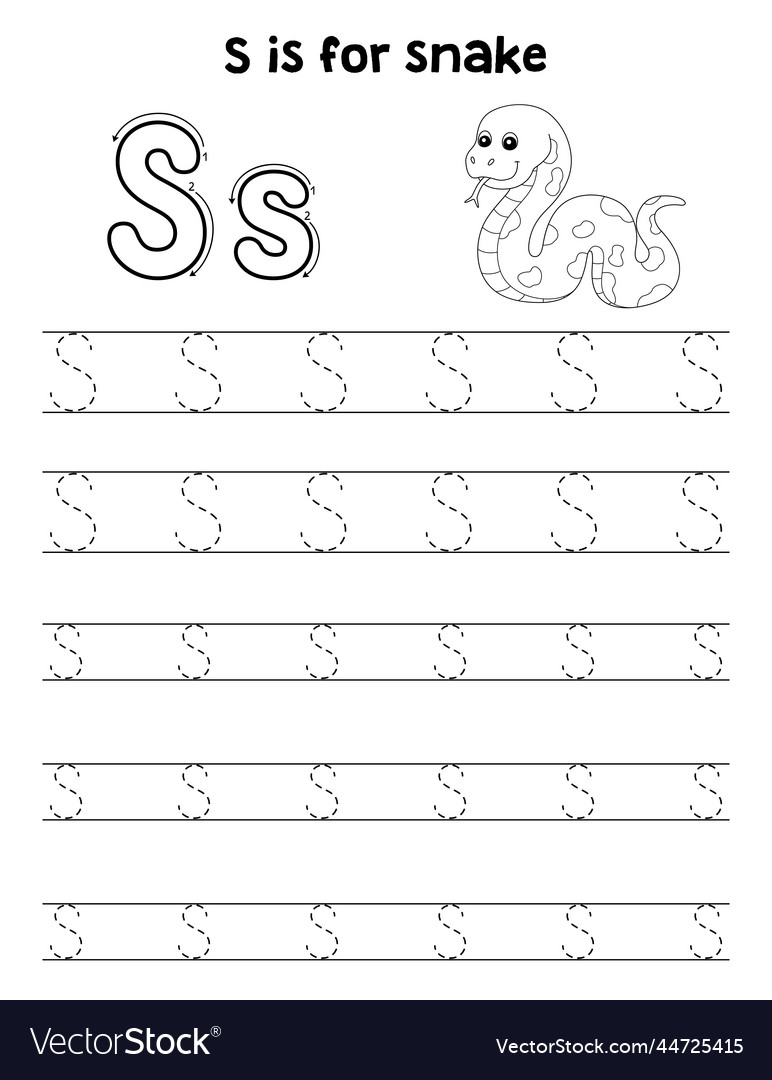 Snake animal tracing letter abc coloring page s Vector Image