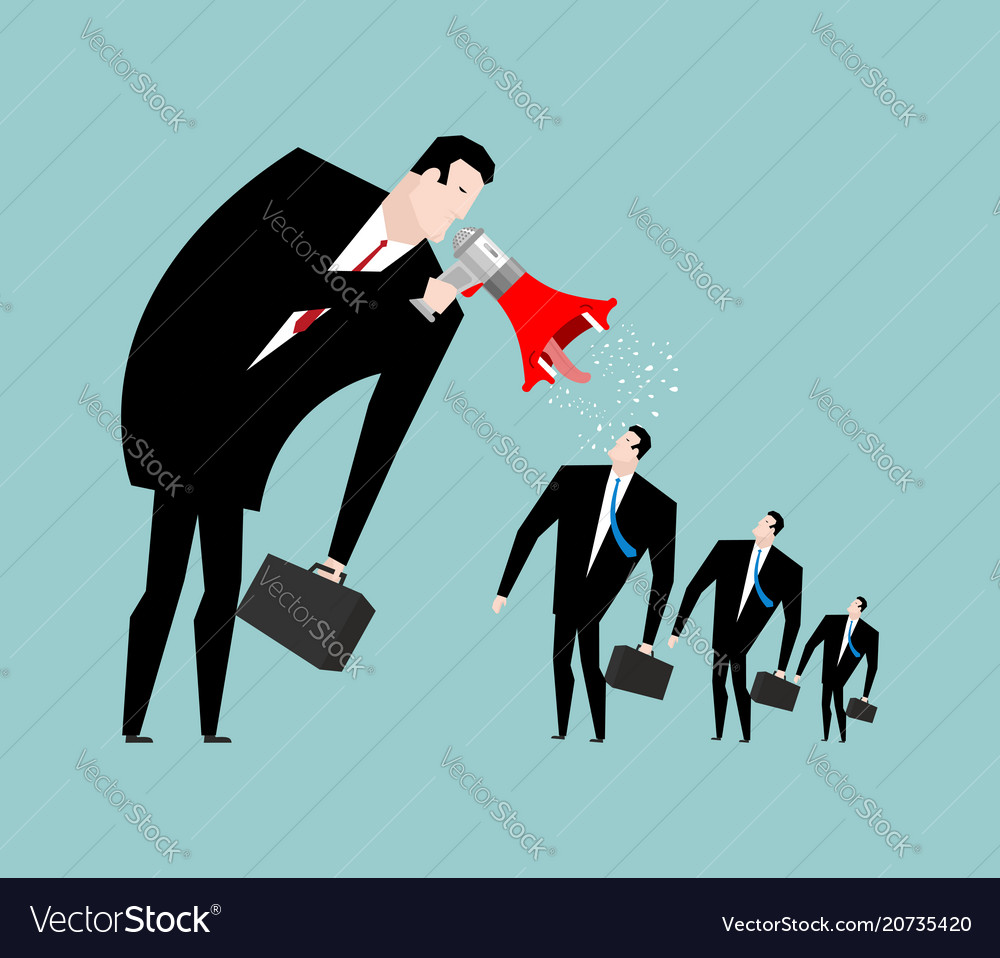 Boss screams megaphone to manager to give orders Vector Image