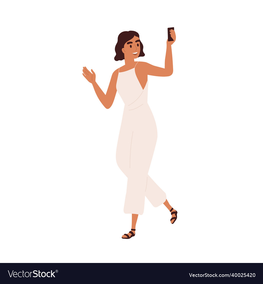 Happy woman walking and talking with mobile phone