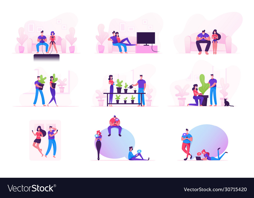 Set male and female characters stay home during