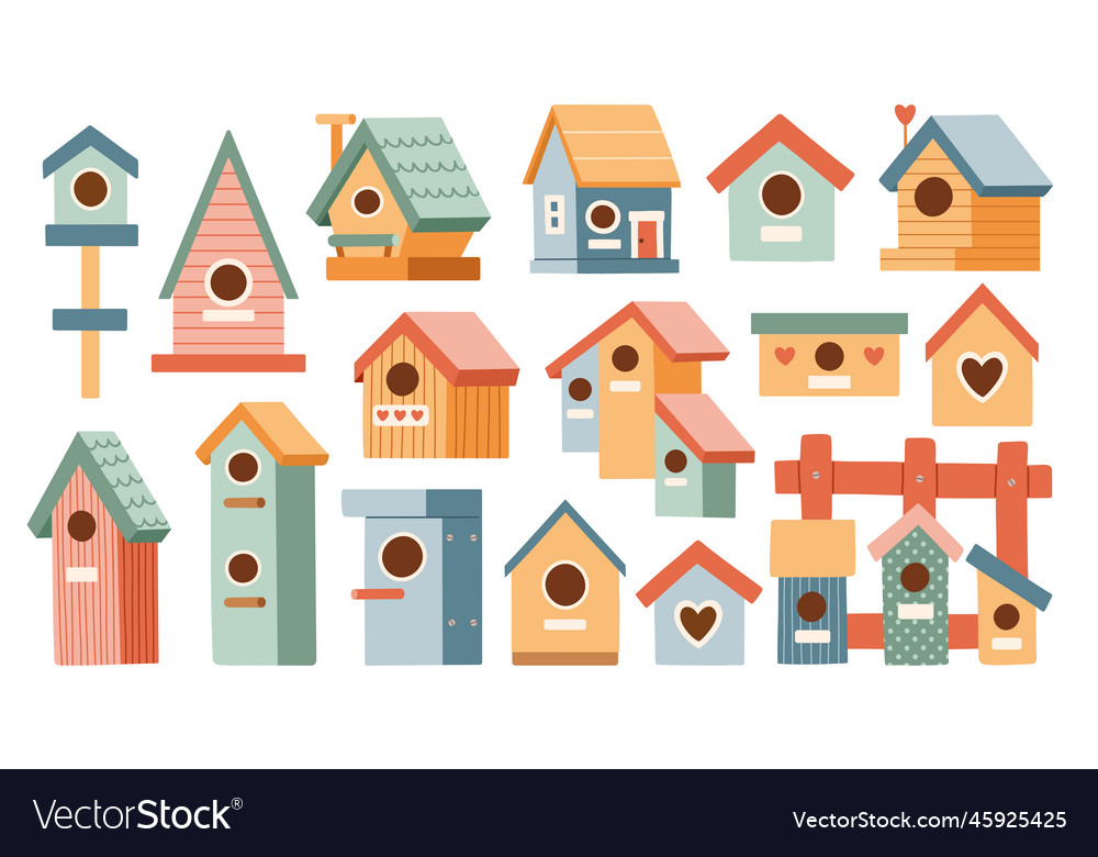 Bird houses set cartoon cute Royalty Free Vector Image