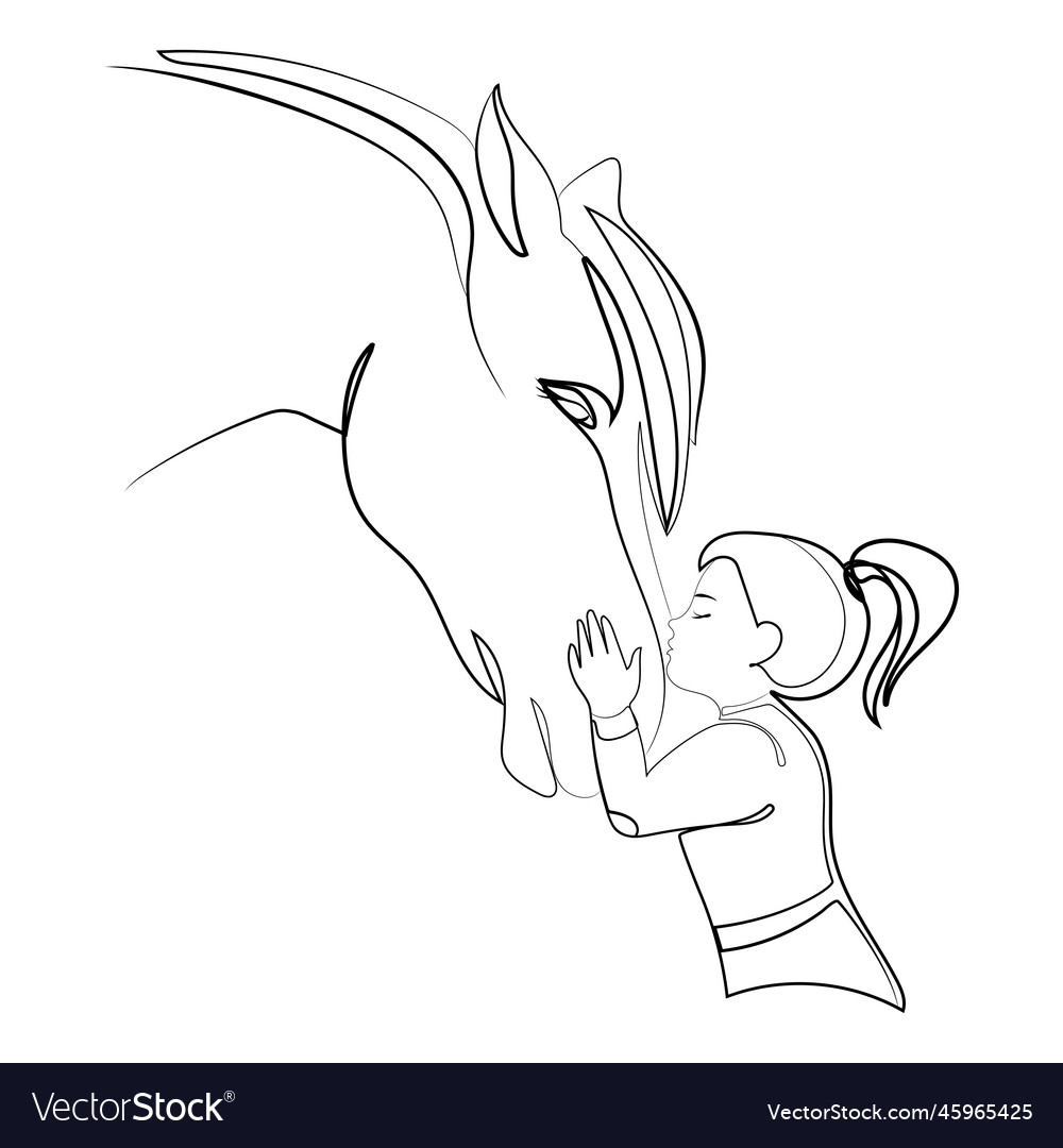 Girl Kissing a Horse - Line Art