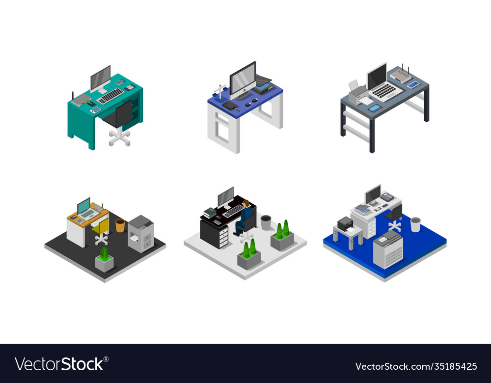 Isometric office desk set