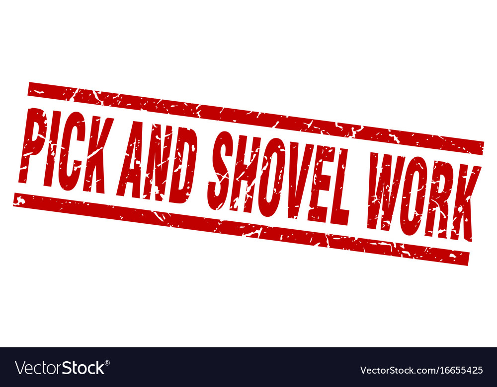 Square grunge red pick and shovel work stamp Vector Image