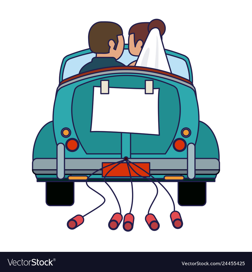 Hochzeitspaar im Oldtimer mit Dosen rückwärts vector image Hochzeitspaar im Oldtimer mit Dosen rückwärts