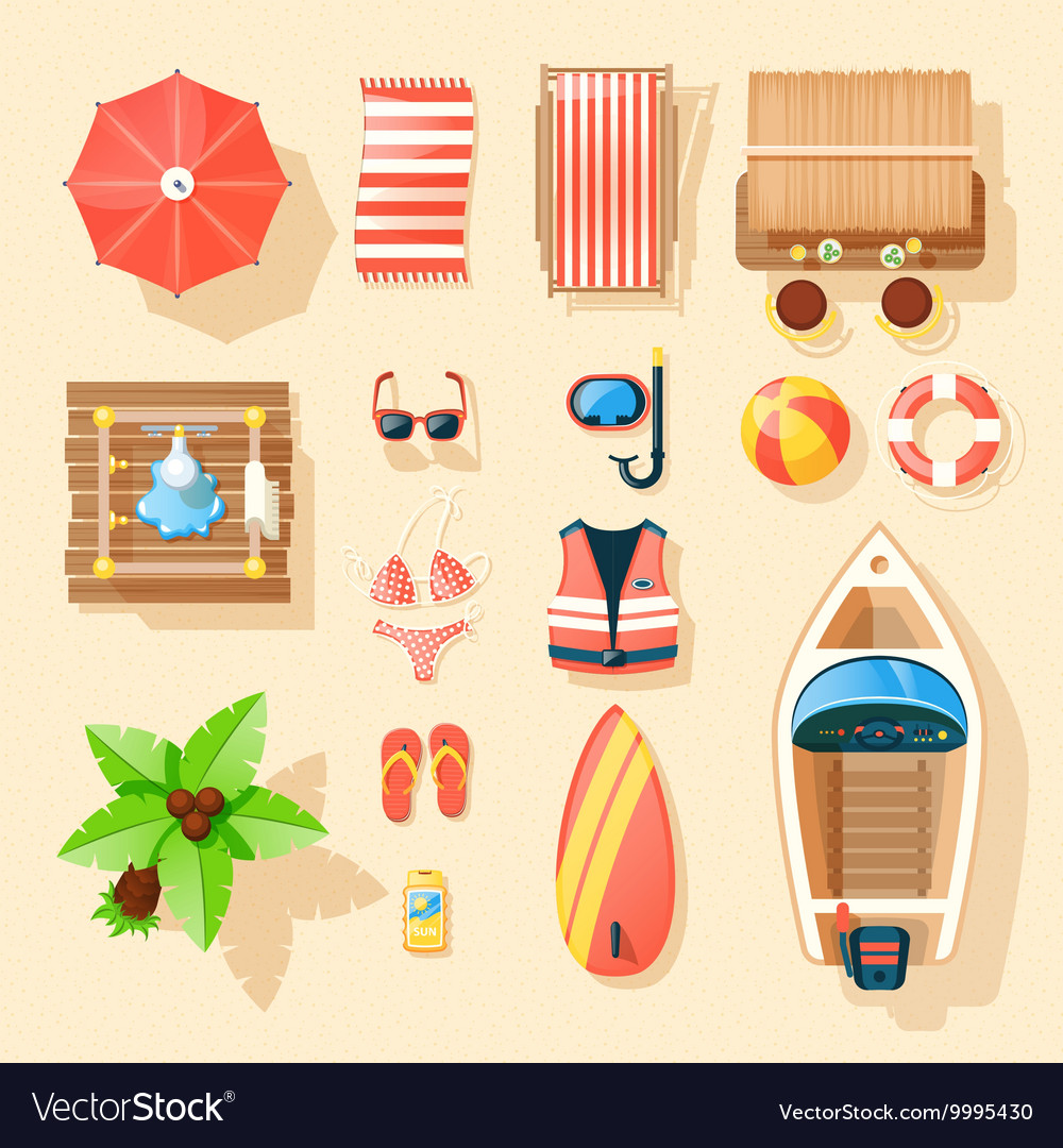 Beach accessories top view icons collection Vector Image