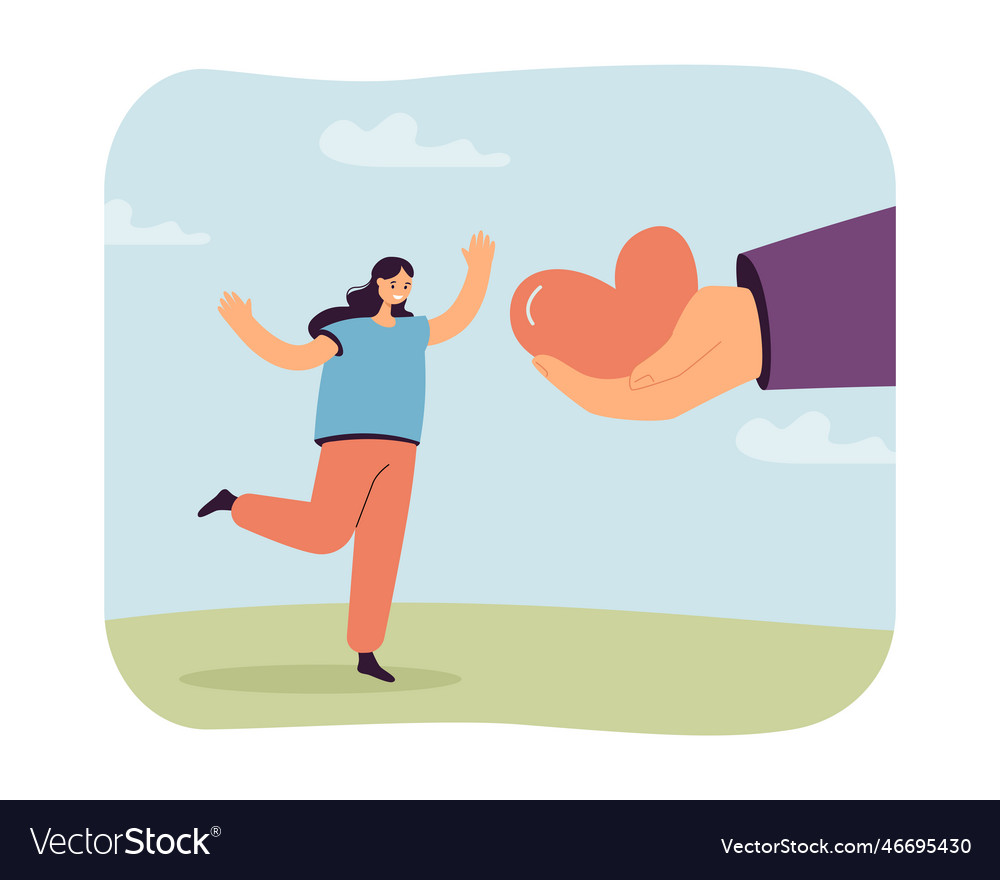 Big human hand giving red comic heart to cheerful