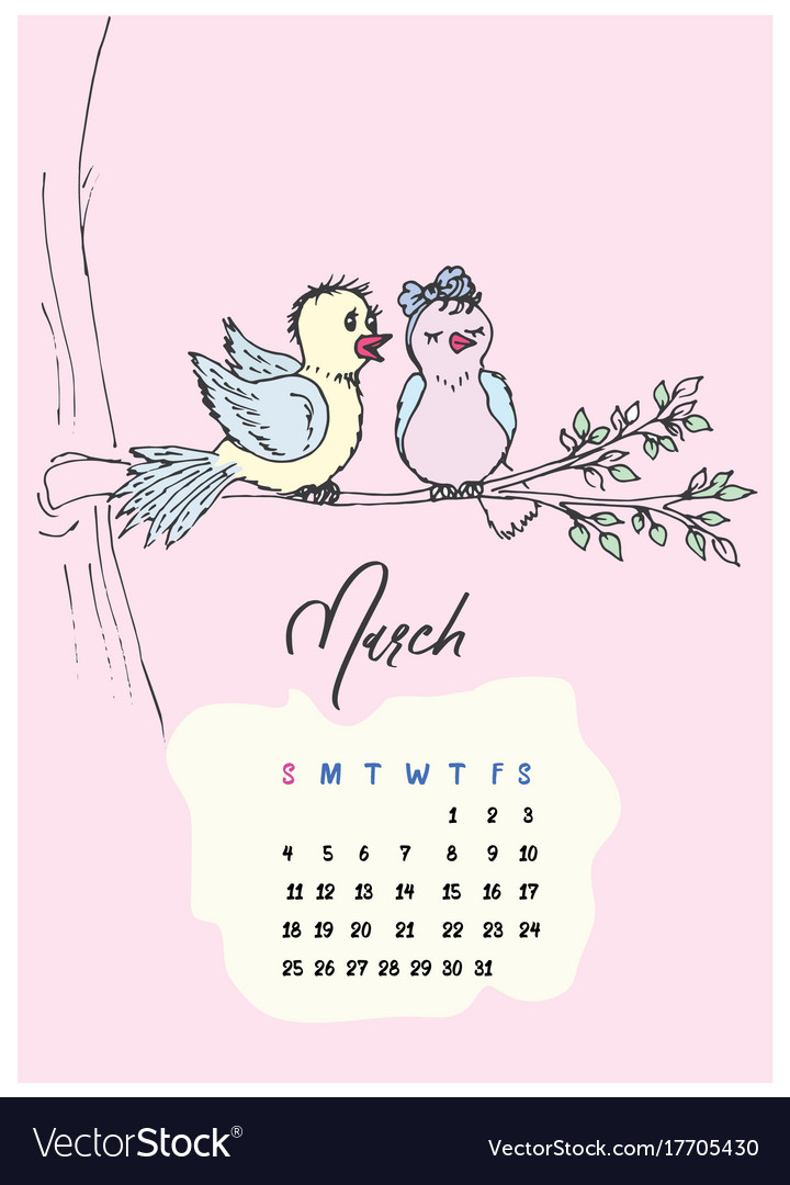 Birds on the branch calendar march 2018 Royalty Free Vector