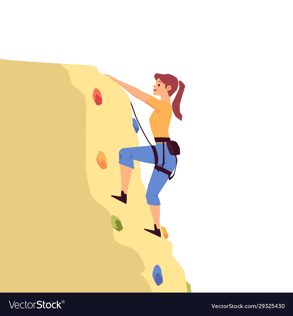 Cartoon woman rock climbing on yellow boulder Vector Image