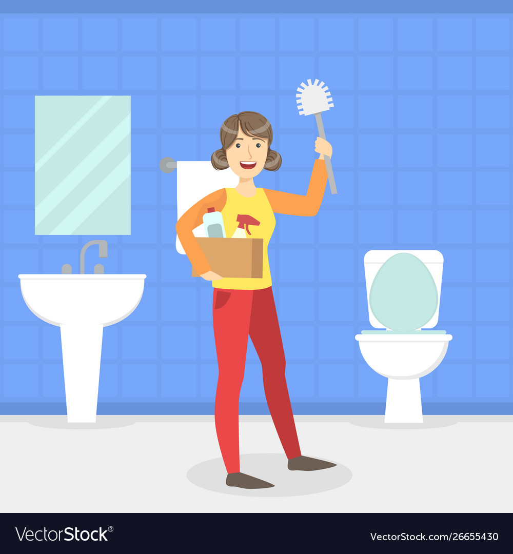 Housewife cleaning bathroom and toilet with brush