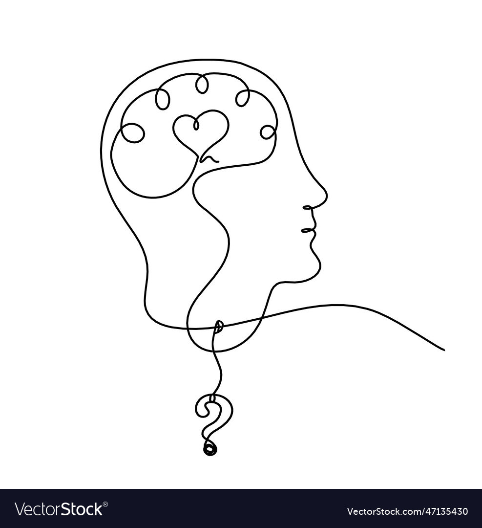 Man silhouette brain and question mark as line