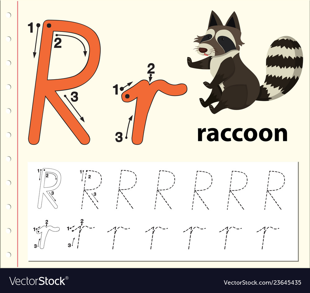 Letter r tracing alphabet worksheets Royalty Free Vector