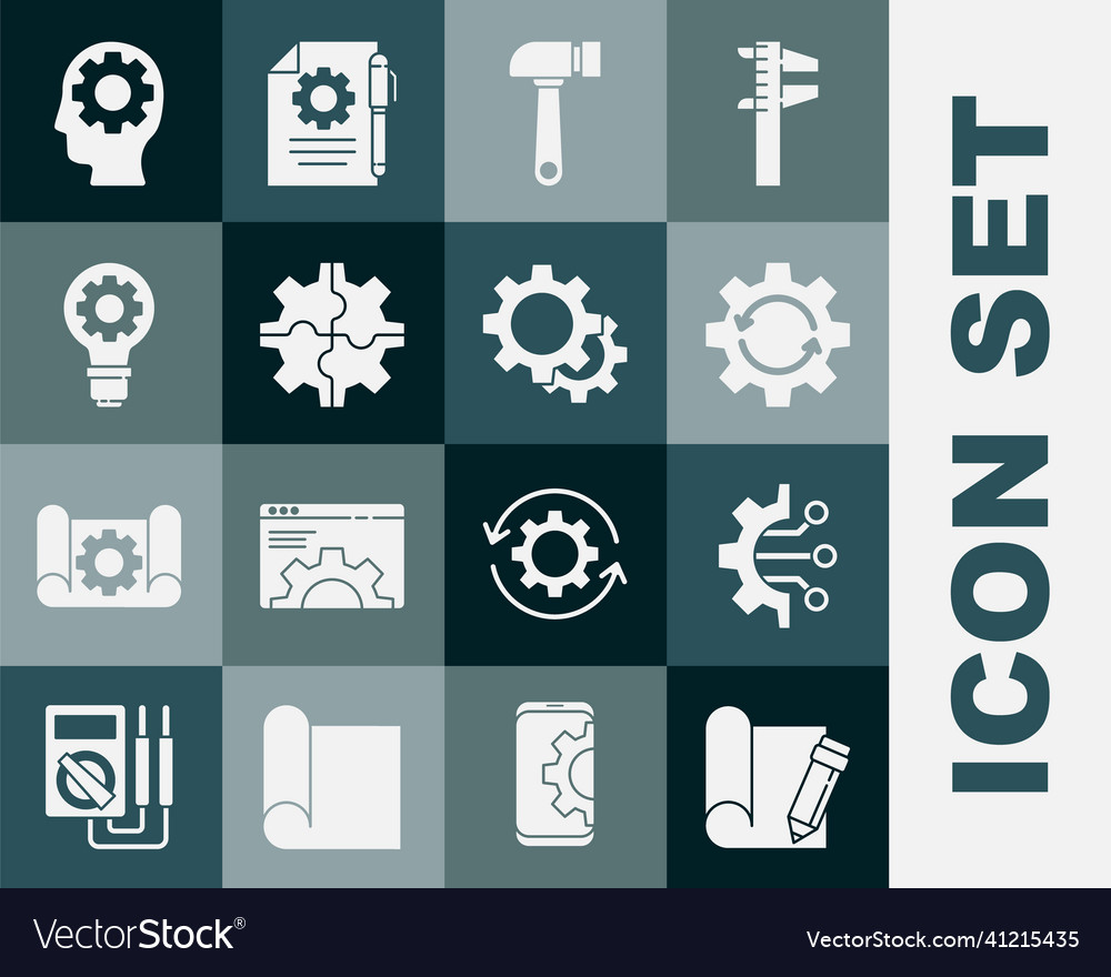 Set graphing paper and pencil algorithm gear vector image Set graphing paper and pencil algorithm gear