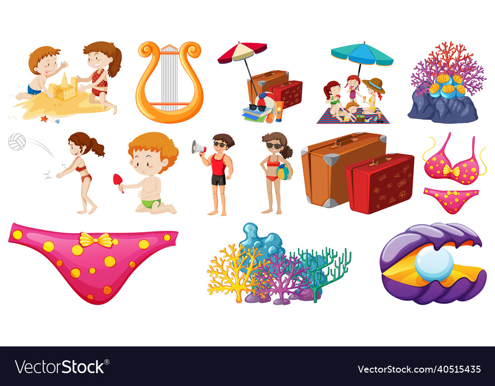 Set of summer beach objects and cartoon characters vector image Set of summer beach objects and cartoon characters
