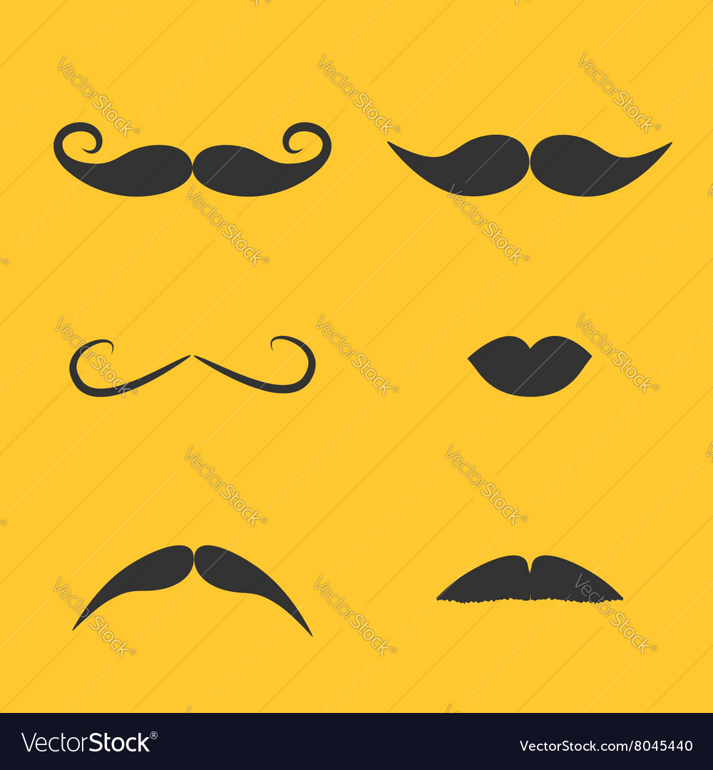 Set of mustaches and lips on yellow background