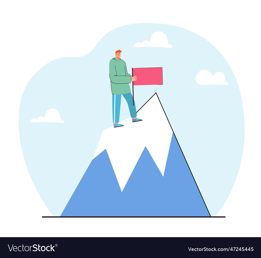 Man reaching top pf mountain and planting flag Vector Image