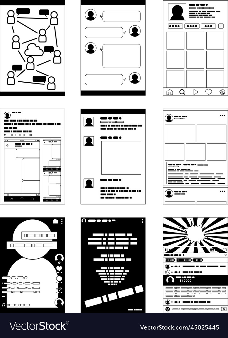 Monochrome sns screen display set vector image Monochrome sns screen display set