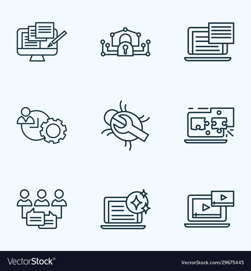 Optimization icons line style set with bug fixing vector image Optimization icons line style set with bug fixing