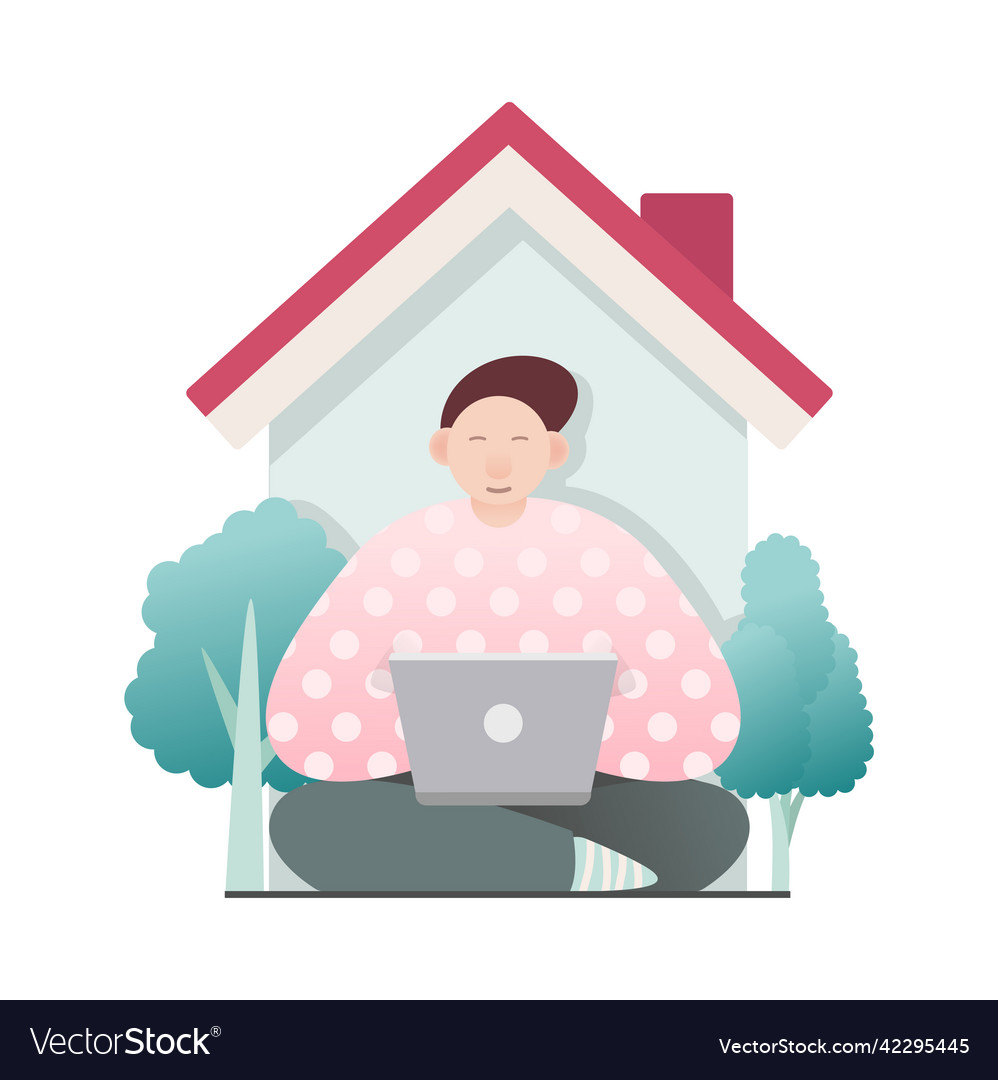 Sitting young man with laptop for work from home