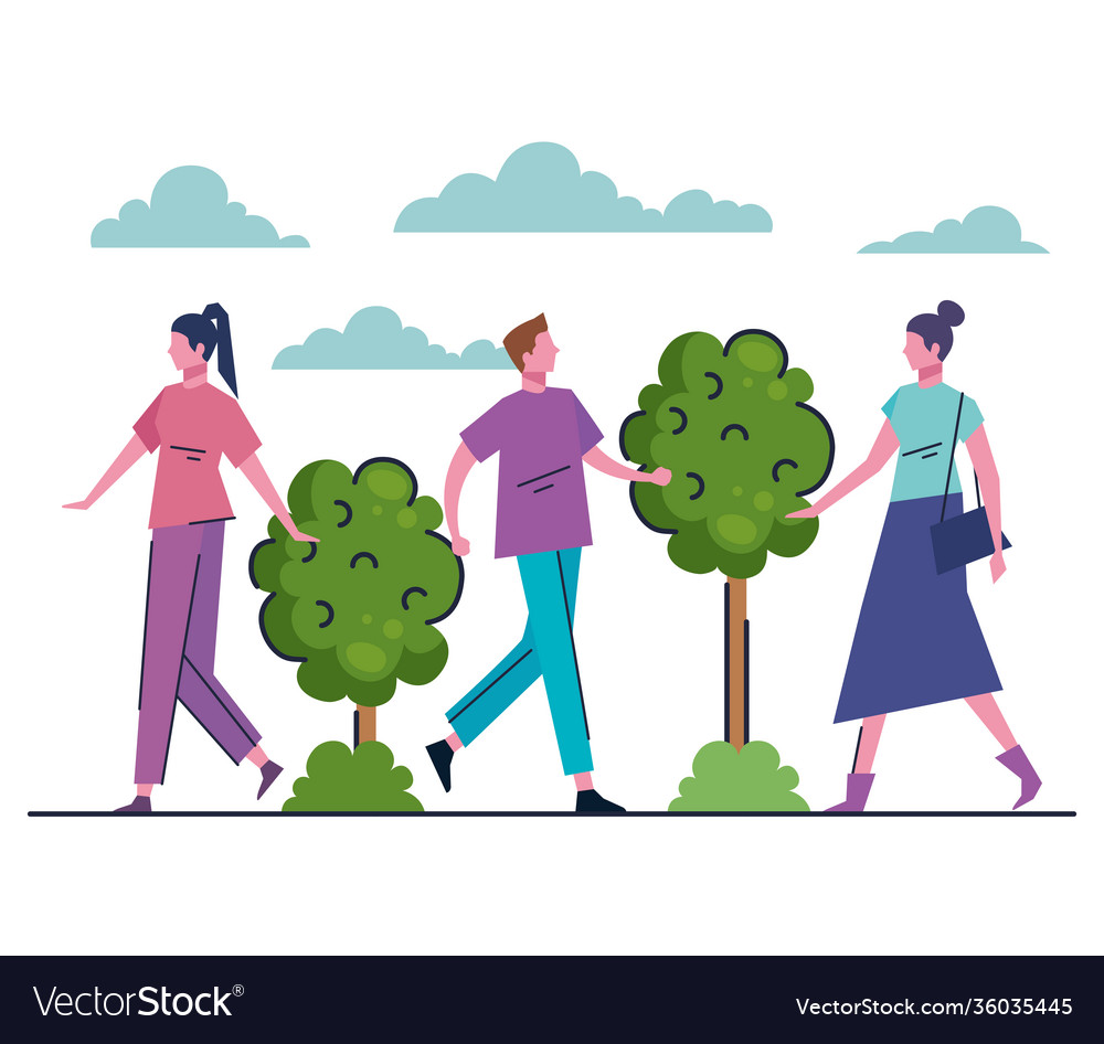 Young people walking in park avatars Royalty Free Vector