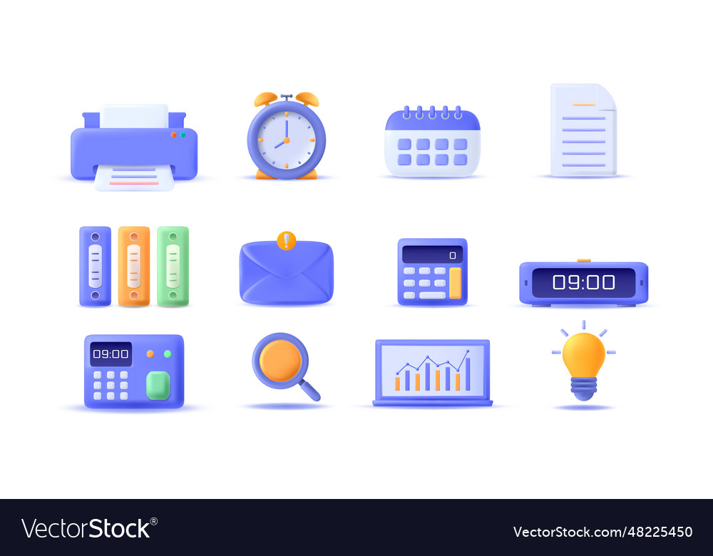 3d set office business finance icons minimal