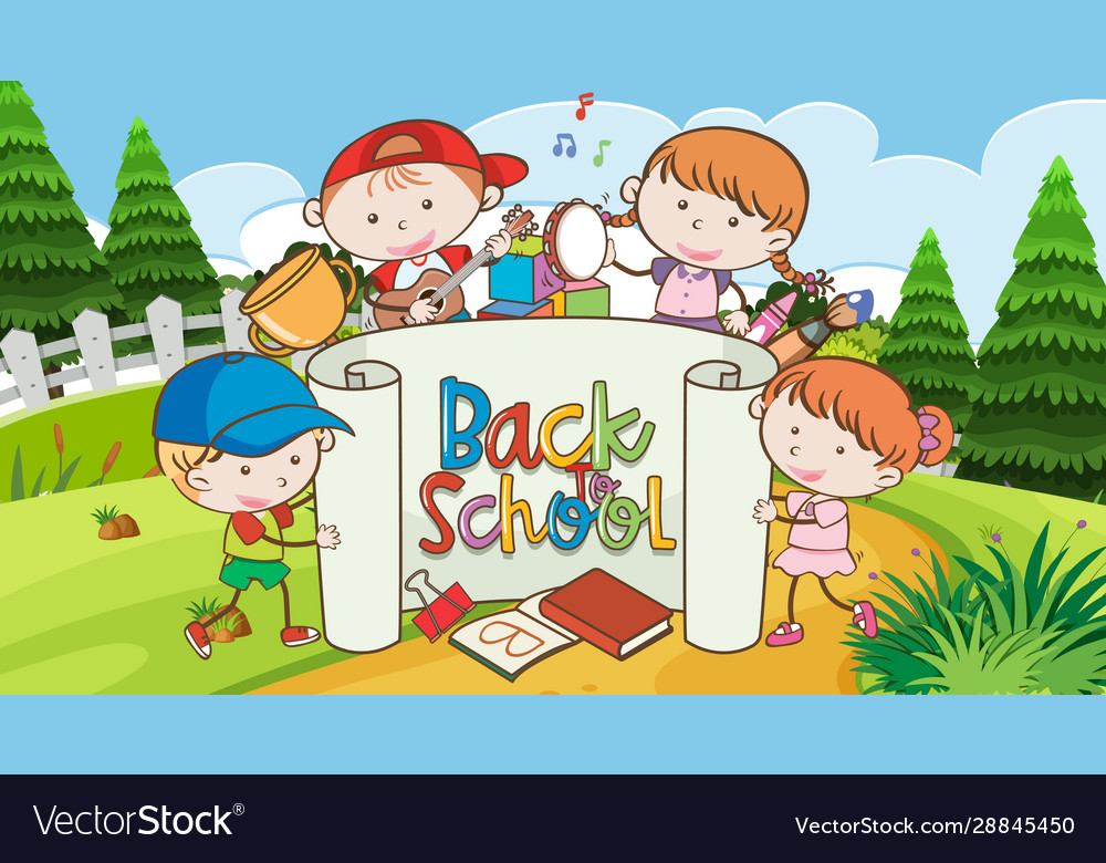 Back to school sign with happy kids in park Vector Image