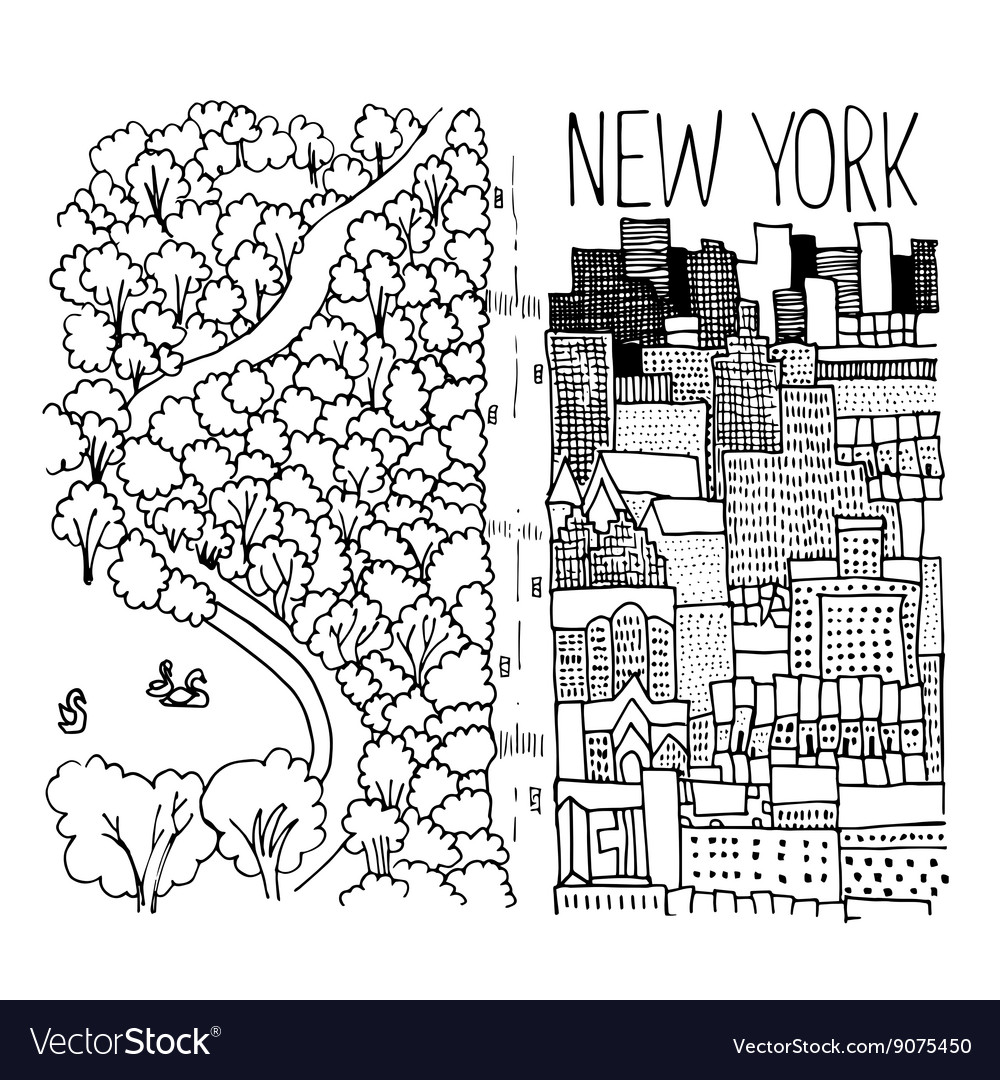 Hand drawn of central park in ny Royalty Free Vector Image