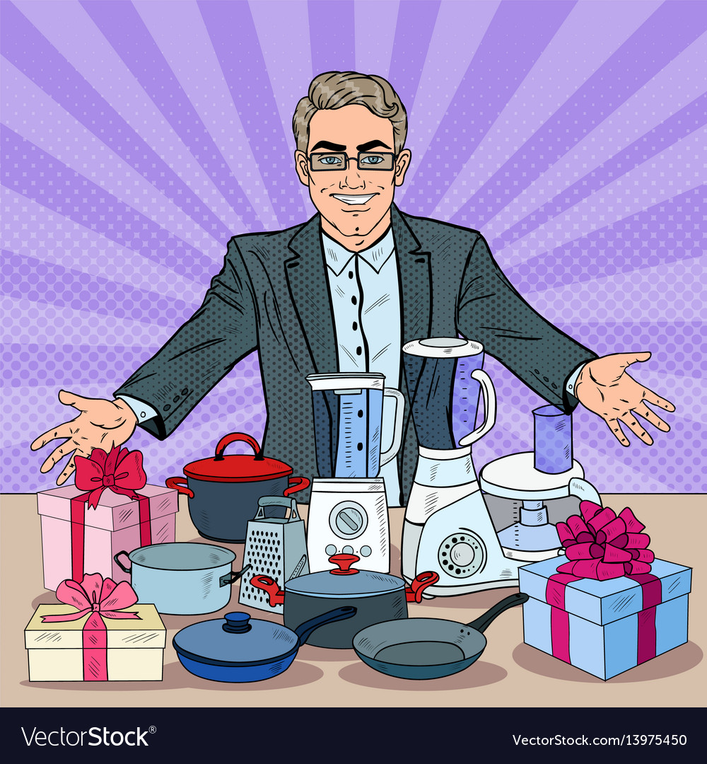 Pop art smiling seller with household appliances vector image Pop art smiling seller with household appliances
