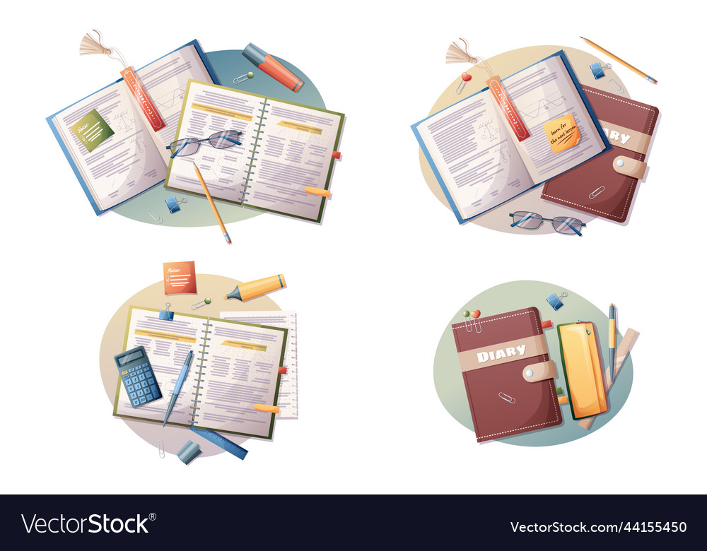 Set of icons with books textbooks diaries