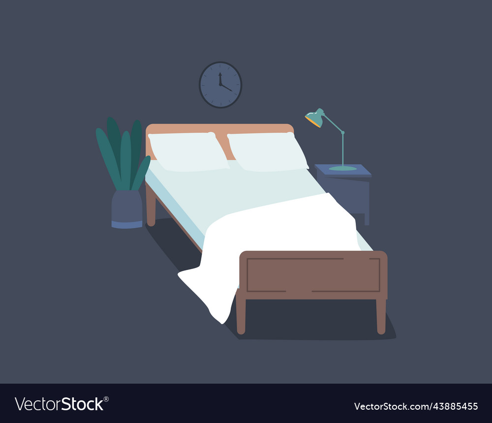 Bed in bedroom interior dark room with clock Vector Image