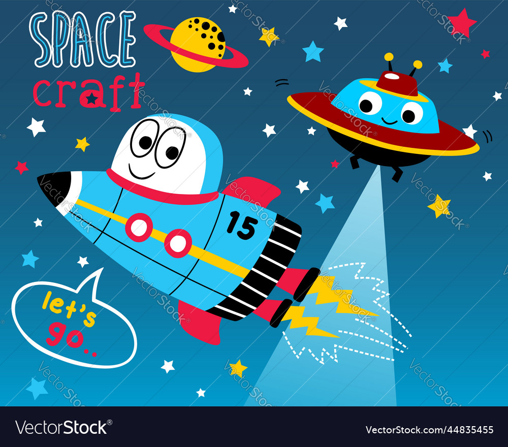 Funny spacecraft cartoon in galaxy