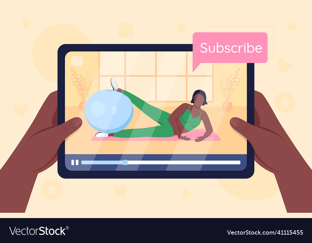 Hände halten Tablette mit Video auf Fitness-Flachfarbe