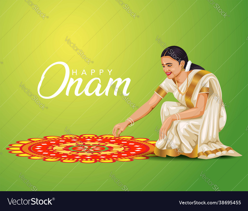 Happy onam greetings woman making pookalam Vector Image